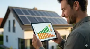 Un plano medio detallado de un propietario sonriente en la terraza de su casa, sosteniendo una tableta que muestra un gráfico visual financiero de ahorro placas solares, con barras ascendentes de color verde (ahorros) y barras descendentes de color naranja (viejos costes), sin texto ni números. Al fondo, un tejado de una casa unifamiliar en España con una instalación de paneles solares fotovoltaicos, bajo un cielo despejado. Sin texto.