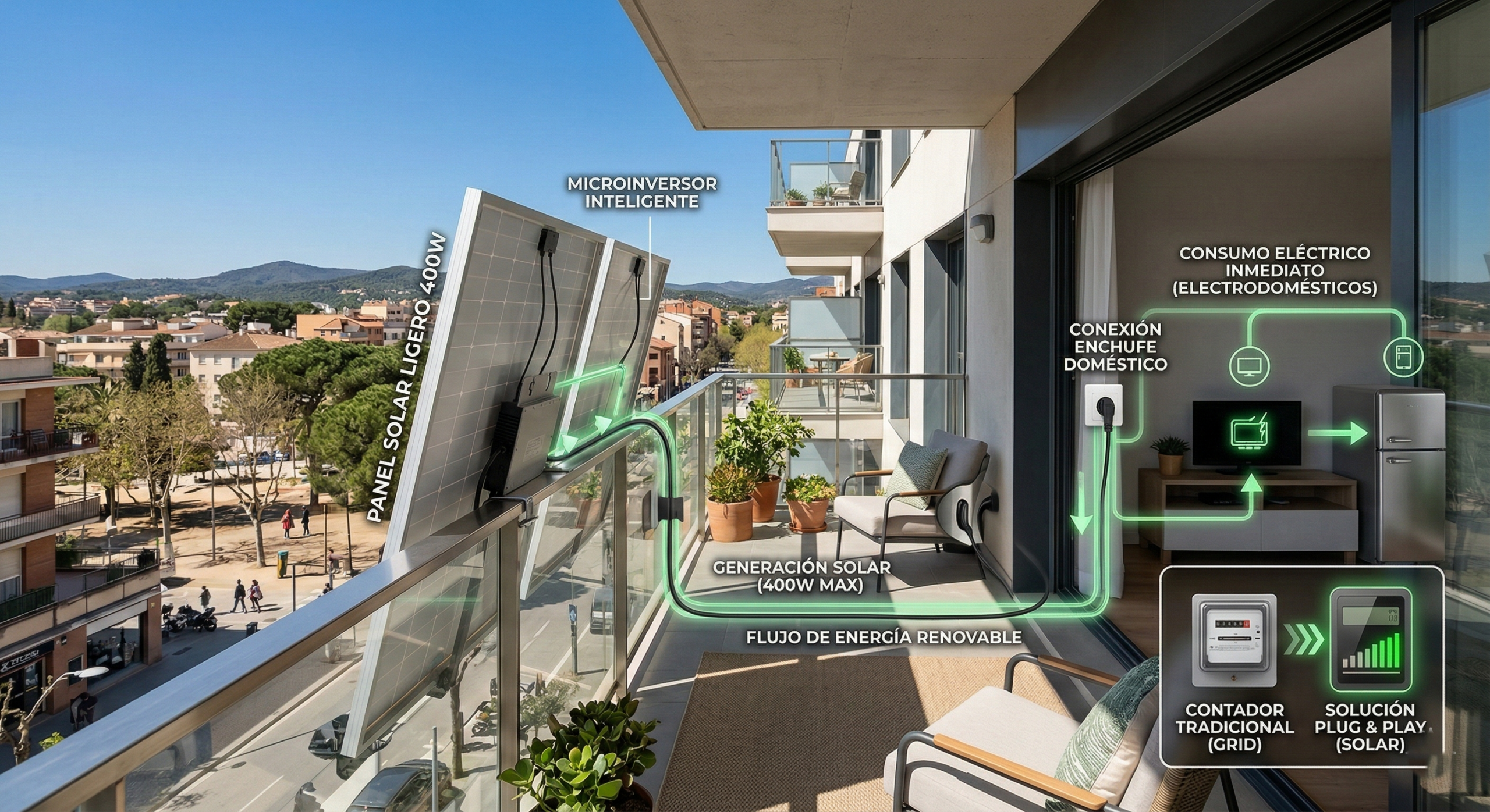 Fotografía fotorrealista de un balcón residencial moderno en Cerdanyola del Vallès, Cataluña, España, a las 11:59 AM CEST del 12 de abril de 2026, con un kit solar Plug & Play instalado. Dos paneles solares ligeros monocristalinos (etiquetados como "PANEL SOLAR LIGERO 400W") están montados externamente en la barandilla de vidrio y metal. Un microinverso intelligent (etiquetado como "MICROINVERSOR INTELIGENTE") está unido detrás. Gráficos de realidad aumentada con líneas y flechas verdes brillantes visualizan el flujo de energía renovable, comenzando en los paneles, a través del inversor y un cable, hacia el interior del apartamento. Etiquetas en castellano moderno a lo largo de la ruta: "GENERACIÓN SOLAR (400W MAX)" y "FLUJO DE ENERGÍA RENOVABLE". El cable se conecta a una toma de corriente de pared interior (etiquetada como "CONEXIÓN ENCHUFE DOMÉSTICO"), donde un contador de energía digital (etiquetado como "MEDIDOR DIGITAL SOLUCIÓN SOLAR PLUG & PLAY") muestra la energía generada. Un infograma en la parte inferior compara un contador de energía tradicional de la red (etiquetado como "CONTADOR TRADICIONAL (GRID)") con el medidor solar (etiquetado como "SOLUCIÓN PLUG & PLAY (SOLAR)"). La iluminación es luz natural brillante y nítida. La imagen ejemplifica la solución de energía solar accesible para apartamentos en 2026. Technical text on the labels is clean, modern, Spanish.