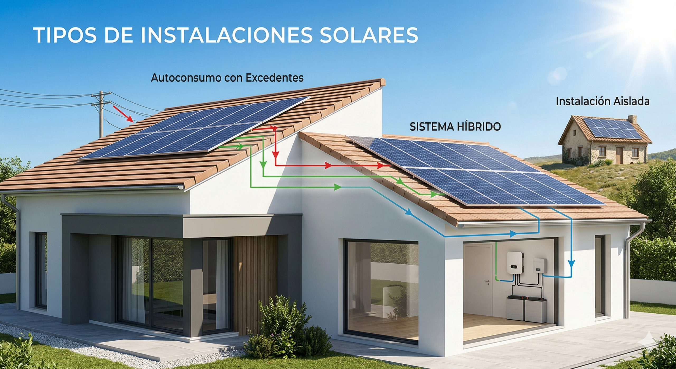 Fotografía arquitectónica profesional de una vivienda moderna en España que ilustra los diferentes tipos de instalaciones solares de autoconsumo: conectado a red (con excedentes), aislada (con baterías LiFePO4) e híbrida (con sistema de almacenamiento inteligente Pylontech). Incluye diagramas gráficos de flujo de energía solar.