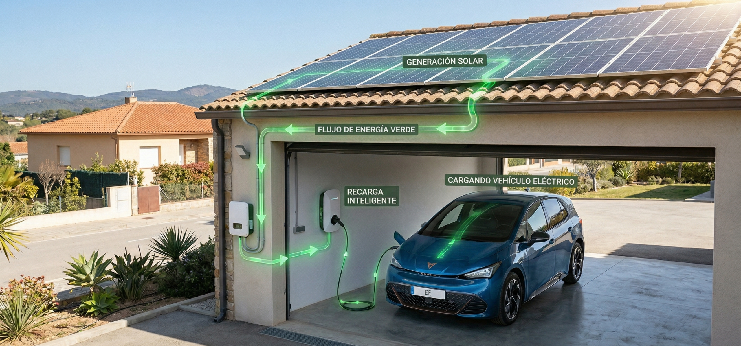 Fotografía fotorrealista de un garaje residencial abierto en un día soleado de primavera en Cerdanyola del Vallès, Cataluña, España. Un coche eléctrico azul, similar a un Cupra Born, está aparcado en el garaje con un cable Tipo 2 conectado a una estación de carga inteligente montada en la pared (etiquetada como "RECARGA INTELIGENTE"). En el tejado de tejas de terracota hay una matriz de paneles solares monocristalinos (etiquetada como "GENERACIÓN SOLAR"). Un gráfico de realidad aumentada con flechas y líneas verdes brillantes visualiza el flujo de energía desde los paneles solares, bajando por la pared hasta la estación de carga y dentro del coche. El flujo está etiquetado como "FLUJO DE ENERGÍA VERDE" y el coche como "CARGANDO VEHÍCULO ELÉCTRICO". El fondo muestra un paisaje suburbano mediterráneo con plantas, otras casas y colinas bajo un cielo azul despejado. La iluminación es luz natural brillante. La imagen ejemplifica el concepto de carga de un VE con energía solar residencial integrada en 2026.