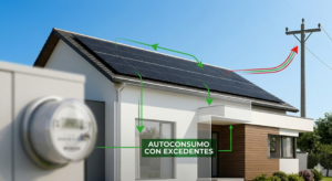 Fotografía de instalación fotovoltaica moderna en utility room mostrando inversor híbrido y batería de litio.