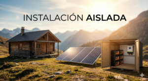 Fotografía cinematográfica de una cabaña aislada rústica en las montañas con paneles solares y banco de baterías de litio visibles.