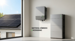 Fotografía de instalación fotovoltaica híbrida moderna en utility room mostrando inversor híbrido Victron y batería de litio Pylontech.