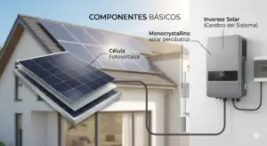 Diagrama de componentes básicos de una instalación solar: panel fotovoltaico, inversor híbrido y estructura.