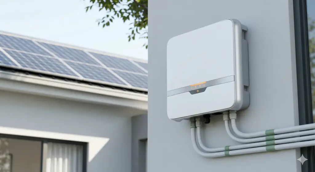 Un primer plano detallado de un moderno inversor solar de color blanco montado profesionalmente en la pared exterior de una casa contemporánea. El dispositivo tiene luces de estado LED de color naranja (#F57C00). Al fondo, se ven sutilmente los paneles solares fotovoltaicos bajo un cielo azul despejado. Sin texto.