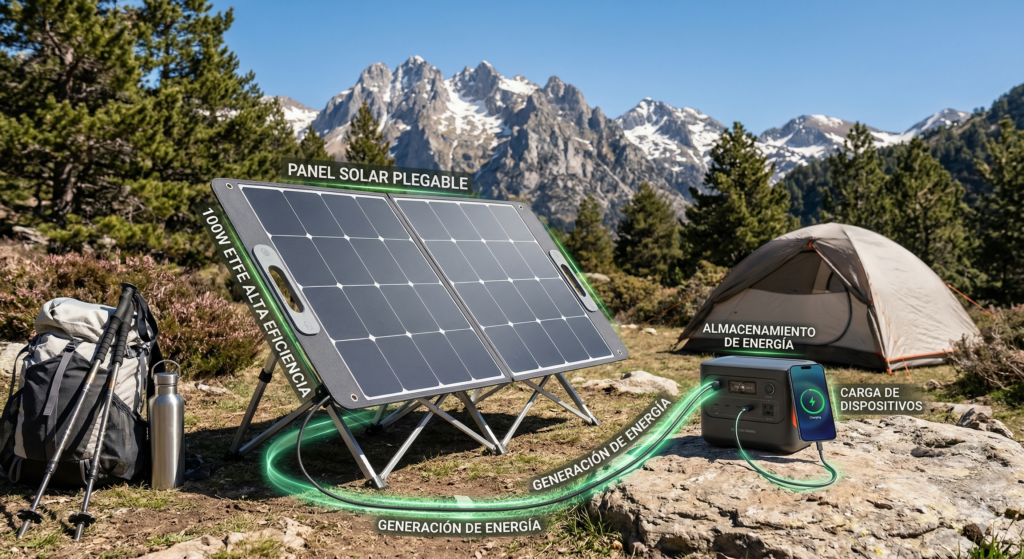 Fotografía fotorrealista de un panel solar plegable de 100W con tecnología ETFE de alta eficiencia (etiquetado como "PANEL SOLAR PLEGABLE" y "100W ETFE ALTA EFICIENCIA") desplegado en el suelo durante un día soleado de primavera en los Pirineos españoles, cerca de una tienda de campaña. El panel solar está cargando una estación de energía portátil Jackery (etiquetada como "ALMACENAMIENTO DE ENERGÍA") a través de un cable negro. A su vez, la estación de energía está cargando un smartphone Cupra (etiquetado como "CARGA DE DISPOSITIVOS") mediante un cable USB-C. Un gráfico de realidad aumentada con flechas y líneas verdes brillantes visualiza el flujo de energía desde el panel, pasando por la estación de energía, hasta el smartphone, con etiquetas integradas en castellano como "GENERACIÓN DE ENERGÍA" y "CARGA DE DISPOSITIVOS". El fondo muestra un paisaje montañoso con picos nevados bajo un cielo azul despejado, picones nativos y una mochila de senderismo. La iluminación es luz natural brillante. La imagen ejemplifica el concepto de energía portátil para camping en 2026. The technical text on the labels is clean, modern, Spanish.