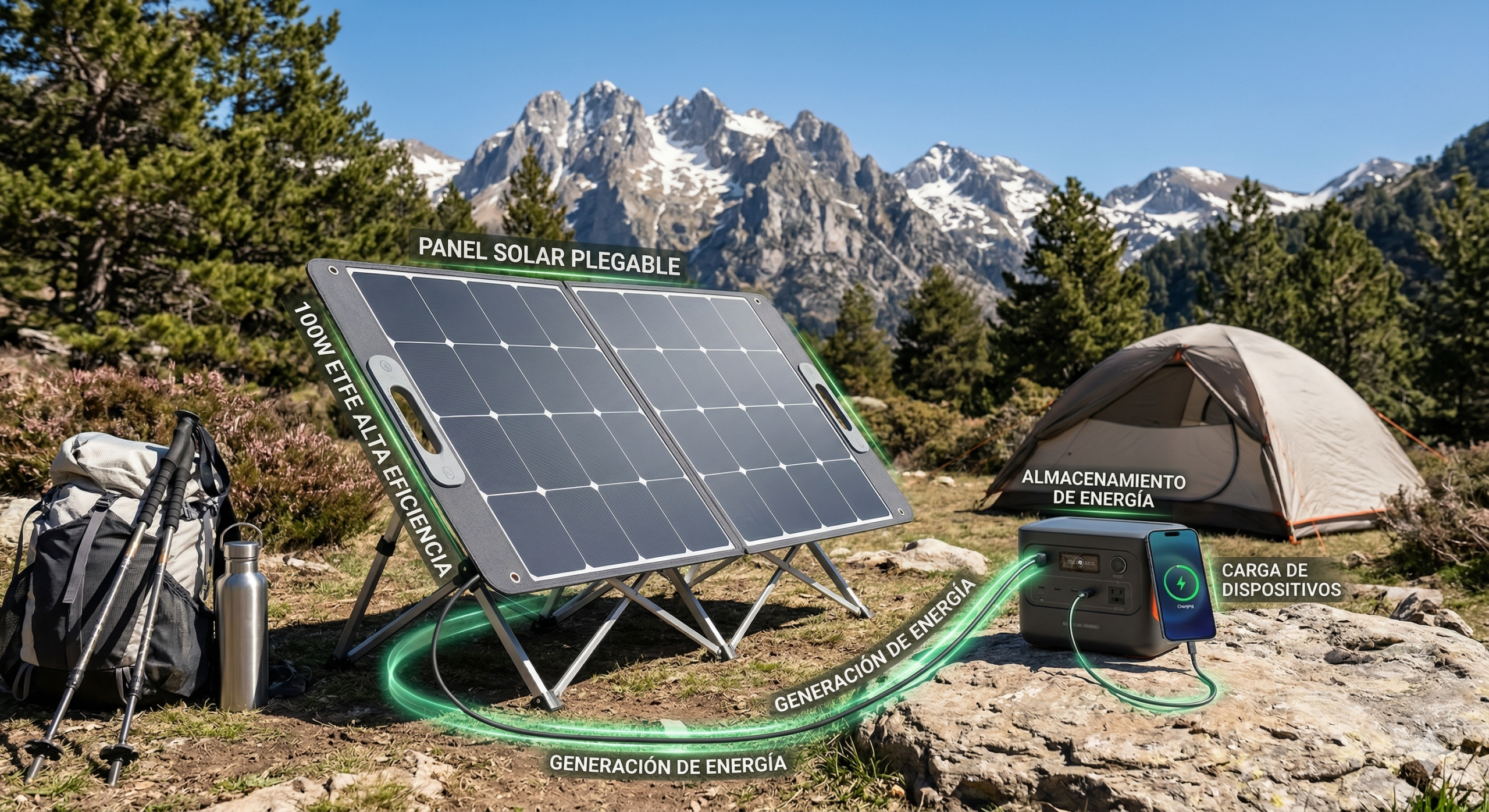 Fotografía fotorrealista de un panel solar plegable de 100W con tecnología ETFE de alta eficiencia (etiquetado como "PANEL SOLAR PLEGABLE" y "100W ETFE ALTA EFICIENCIA") desplegado en el suelo durante un día soleado de primavera en los Pirineos españoles, cerca de una tienda de campaña. El panel solar está cargando una estación de energía portátil Jackery (etiquetada como "ALMACENAMIENTO DE ENERGÍA") a través de un cable negro. A su vez, la estación de energía está cargando un smartphone Cupra (etiquetado como "CARGA DE DISPOSITIVOS") mediante un cable USB-C. Un gráfico de realidad aumentada con flechas y líneas verdes brillantes visualiza el flujo de energía desde el panel, pasando por la estación de energía, hasta el smartphone, con etiquetas integradas en castellano como "GENERACIÓN DE ENERGÍA" y "CARGA DE DISPOSITIVOS". El fondo muestra un paisaje montañoso con picos nevados bajo un cielo azul despejado, picones nativos y una mochila de senderismo. La iluminación es luz natural brillante. La imagen ejemplifica el concepto de energía portátil para camping en 2026. The technical text on the labels is clean, modern, Spanish.