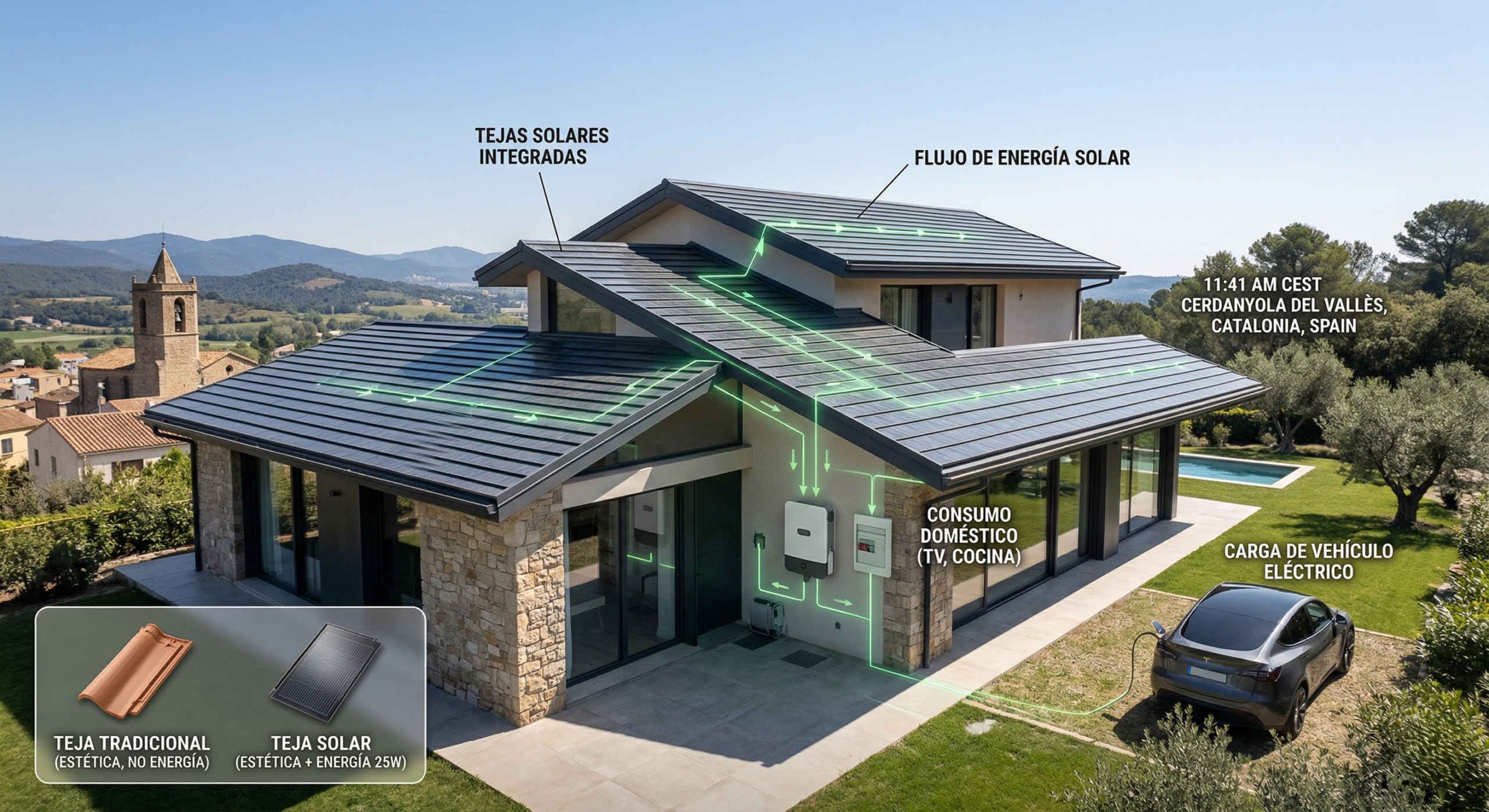 Fotografía fotorrealista de una villa mediterránea moderna cerca de Cerdanyola del Vallès, Cataluña, España, a las 11:41 AM CEST del 12 de abril de 2026. El elegante tejado está cubierto principalmente con tejas solares integradas de color gris oscuro (etiquetadas como "TEJAS SOLARES INTEGRADAS"). Gráficos de realidad aumentada con líneas y flechas verdes brillantes visualizan el flujo de energía. Las líneas se originan en las tejas, viajan por las secciones del tejado (etiquetado como "FLUJO DE ENERGÍA SOLAR"), convergen en un inversor de red moderno (etiquetado como "INVERSOR DE RED (CEREBRO)") y luego se distribuyen a la casa (etiquetado como "CONSUMO DOMÉSTICO (TV, COCINA)"). A continuación, una pequeña infografía comparativa muestra una teja tradicional de cerámica (etiquetada como "TEJA TRADICIONAL (ESTÉTICA, NO ENERGÍA)") junto a una teja solar energética (etiquetada como "TEJA SOLAR (ESTÉTICA + ENERGÍA 25W)"). En el jardín, un vehículo eléctrico está cargando (etiquetado como "CARGA DE VEHÍCULO ELÉCTRICO"). El fondo muestra colinas catalanas onduladas bajo un cielo azul despejado. La iluminación es luz natural brillante. La imagen ejemplifica el concepto de tejados integrados solares estéticos en 2026. The technical text on the labels is clean, modern, Catalan.