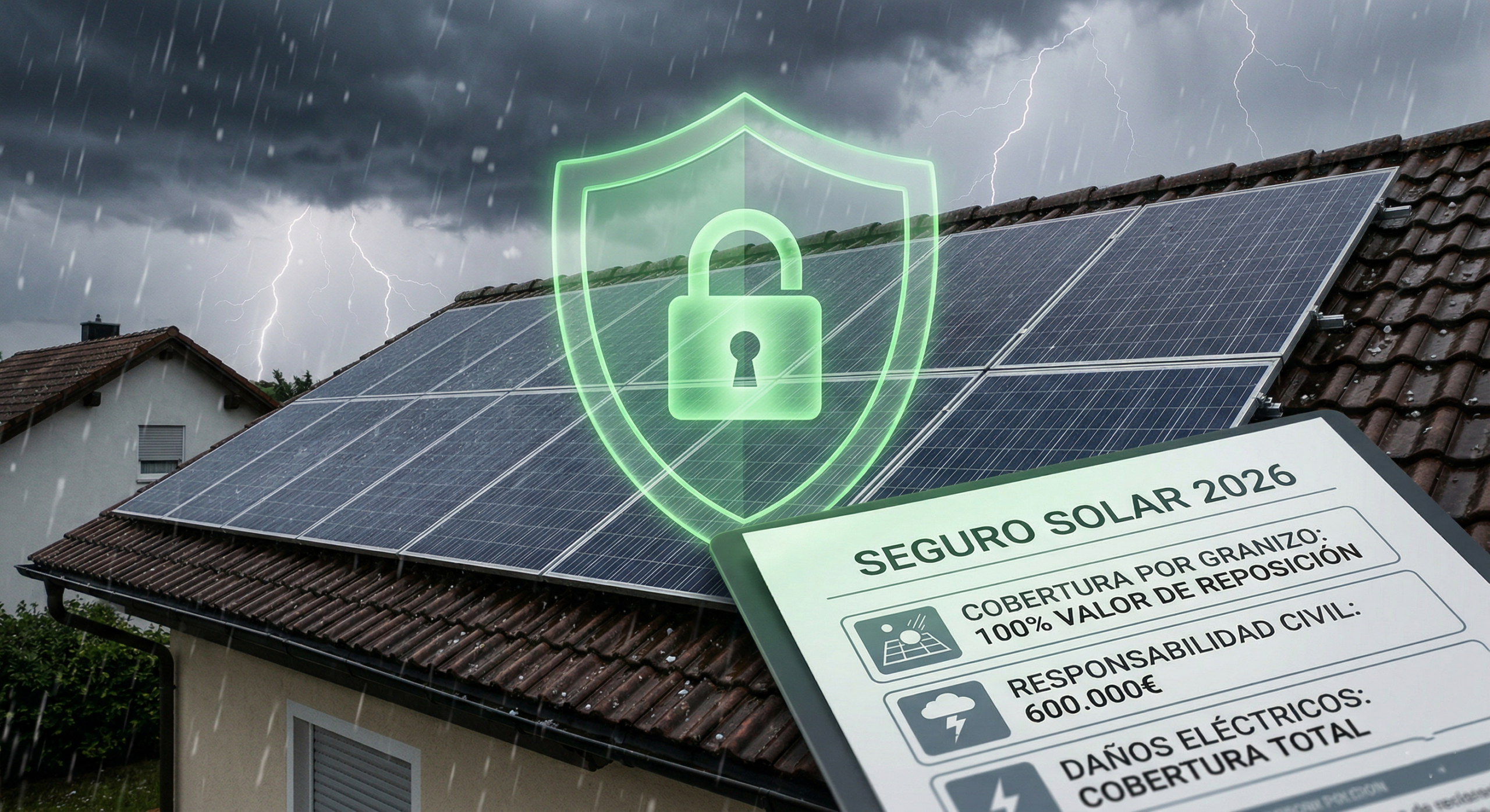 Fotografía fotorrealista de un tejado residencial moderno en Cerdanyola del Vallès, Cataluña, España, a las 11:41 AM CEST del 12 de abril de 2026, durante una tormenta de granizo y rayos. Una matriz de paneles solares monocristalinos está protegida por un gráfico de realidad aumentada de un escudo verde brillante (etiquetado como "PROTECCIÓN SEGURO SOLAR 2026"). En primer plano, un documento de póliza de seguro de alta tecnología muestra etiquetas en castellano moderno: "COBERTURA POR GRANIZO: 100% VALOR DE REPOSICIÓN", "RESPONSABILIDAD CIVIL: 600.000€", y "DAÑOS ELÉCTRICOS: COBERTURA TOTAL". La iluminación es luz natural brillante y nítida. La imagen ejemplifica la solución de seguro solar integrada y segura para hogares en 2026. Technical text on the labels is clean, modern, Spanish.